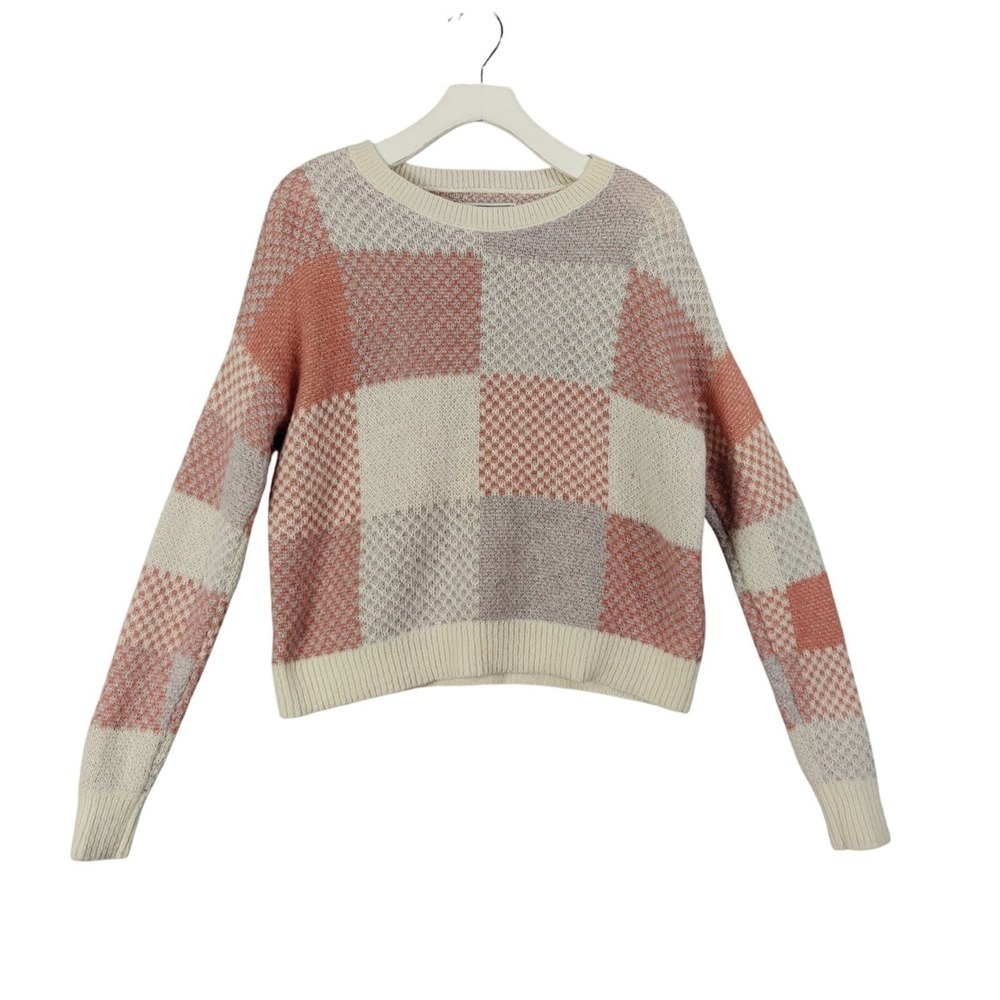 Abercrombie & Fitch Women Preppy Soft Girl Mohair Checkered Sweater S Pink Gray